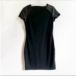 Aqua dress black shift perforated leather career short sleeves
